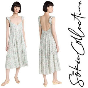 NWT Sokie Collective The Summer Flutter green pink floral midi Dress‎ Size Small
